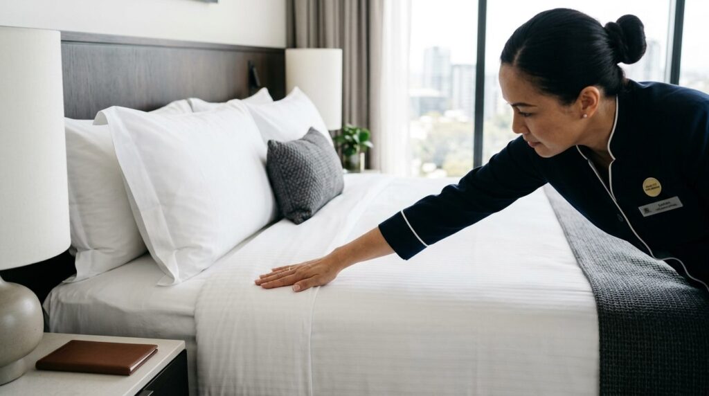 Close-up of hotel housekeepers hand inspecting pristine whi