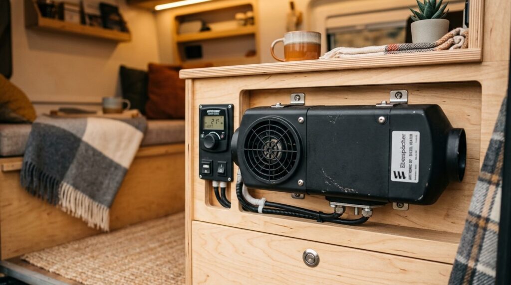Close-up product photography of a compact diesel heater unit