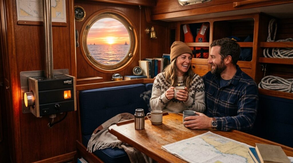 Scenic lifestyle shot of a couple enjoying hot beverages ins