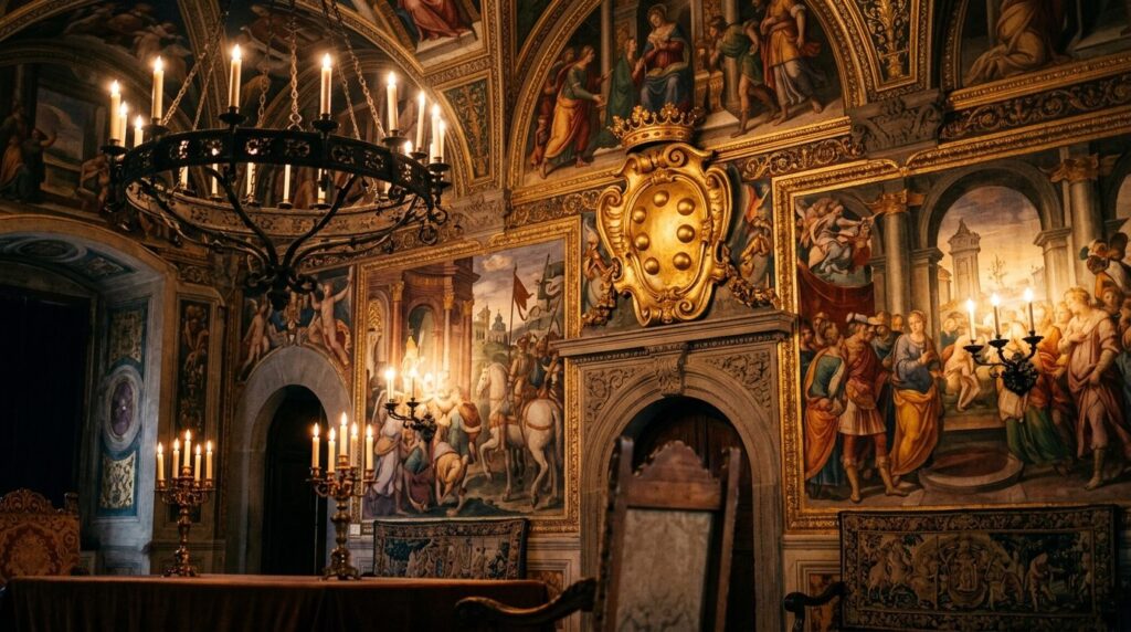 Detailed photorealistic image of Renaissance frescoes and Me