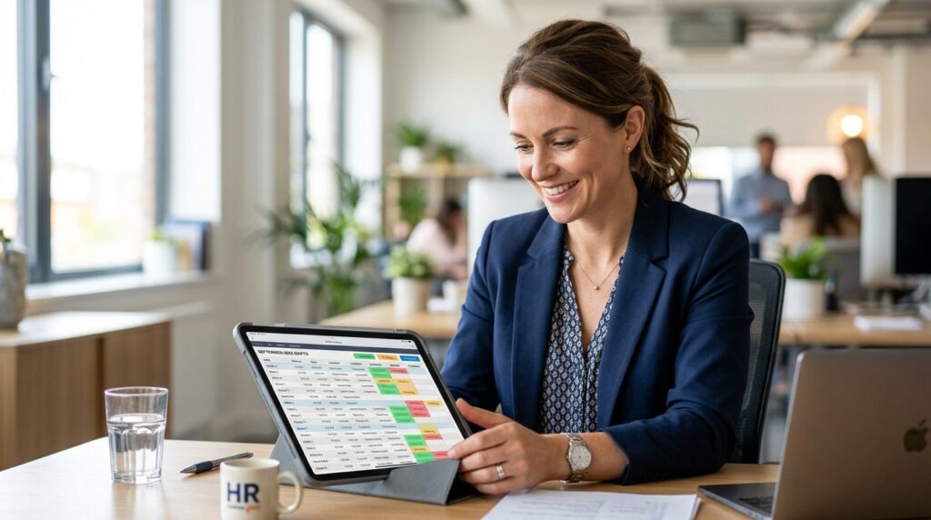 Close-up photograph of a female HR manager reviewing a digit