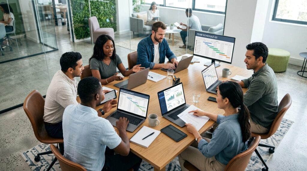 Overhead view of diverse employees collaborating around a mo