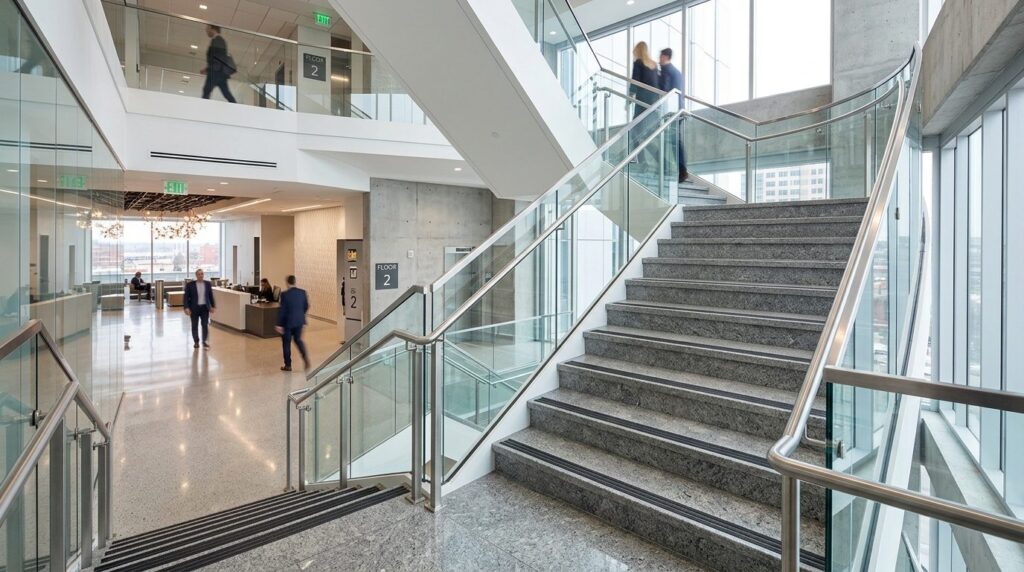 Wide-angle shot of commercial building interior staircase wi