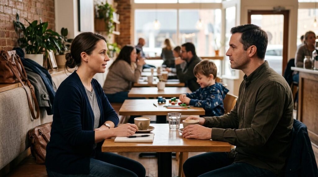 Photorealistic stock photo, 16:9 format, two adults in a neu
